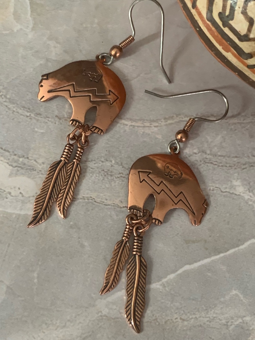 Native American Inspired Copper Bear Totem Dangle Earrings with Feather Charms